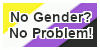 A stamp with the non-binary pride flag that says 'No Gender? No Problem!'.
